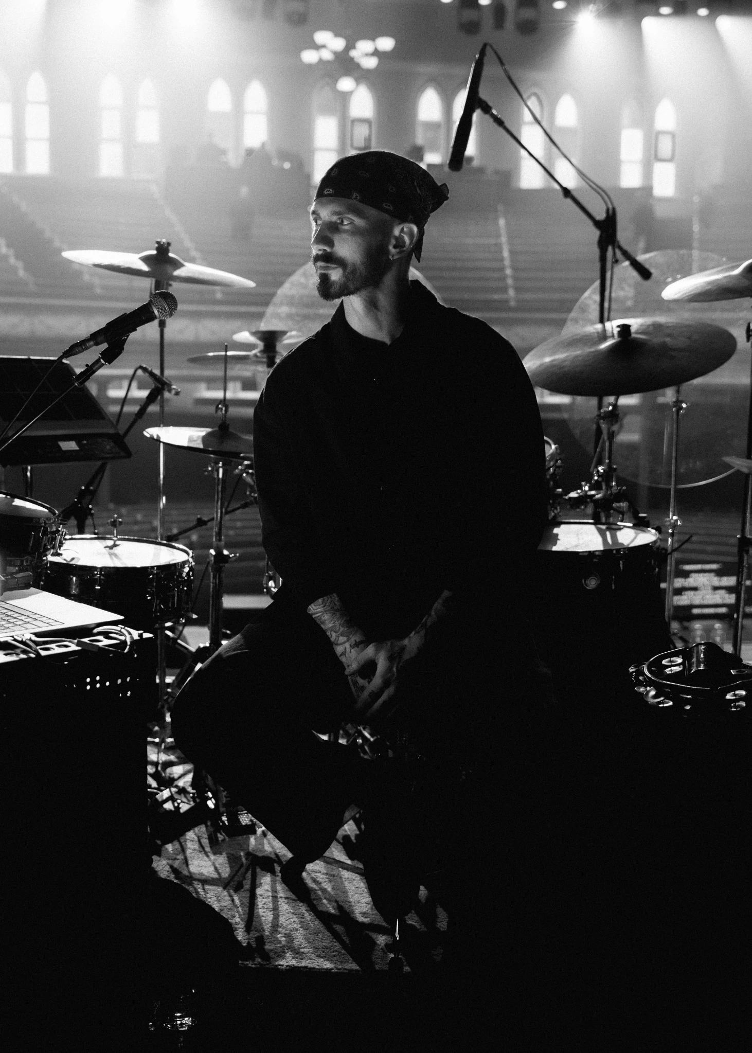 Garrett P. Tyler at his drum kit on the Ryman stage